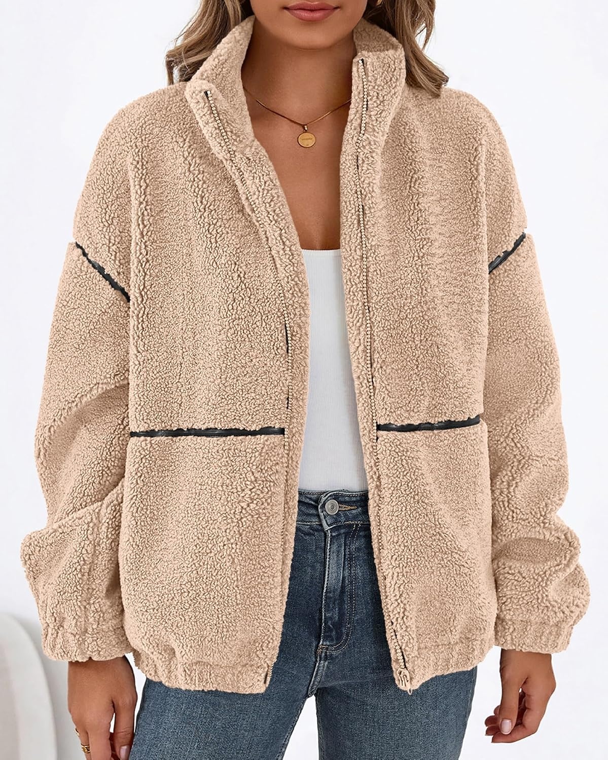 image:imageKIRUNDO Sherpa Jacket Women Fleece Zip Up Winter Coats Oversized Fall Teddy Jackets Long Sleeve Color Block Loose Fit With Pockets Faux Fur Warm Outwear 2026 Fashion ClothingBeige