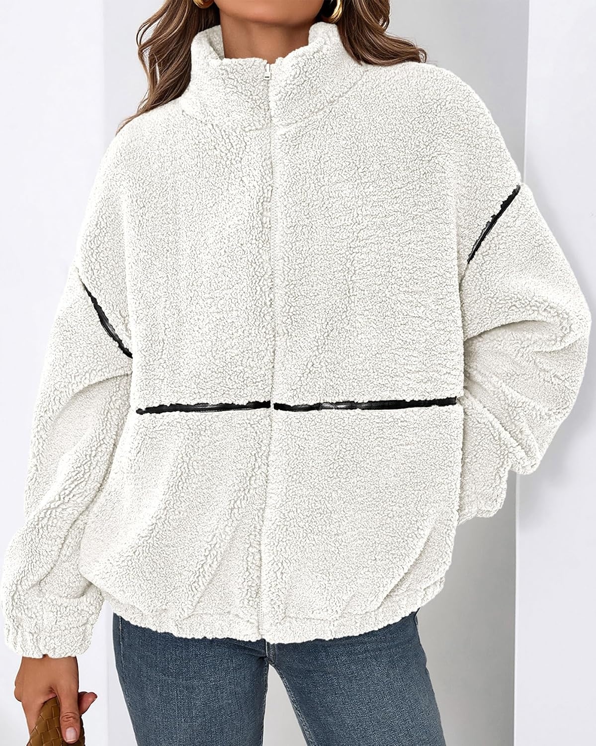 image:imageKIRUNDO Sherpa Jacket Women Fleece Zip Up Winter Coats Oversized Fall Teddy Jackets Long Sleeve Color Block Loose Fit With Pockets Faux Fur Warm Outwear 2026 Fashion ClothingWhite