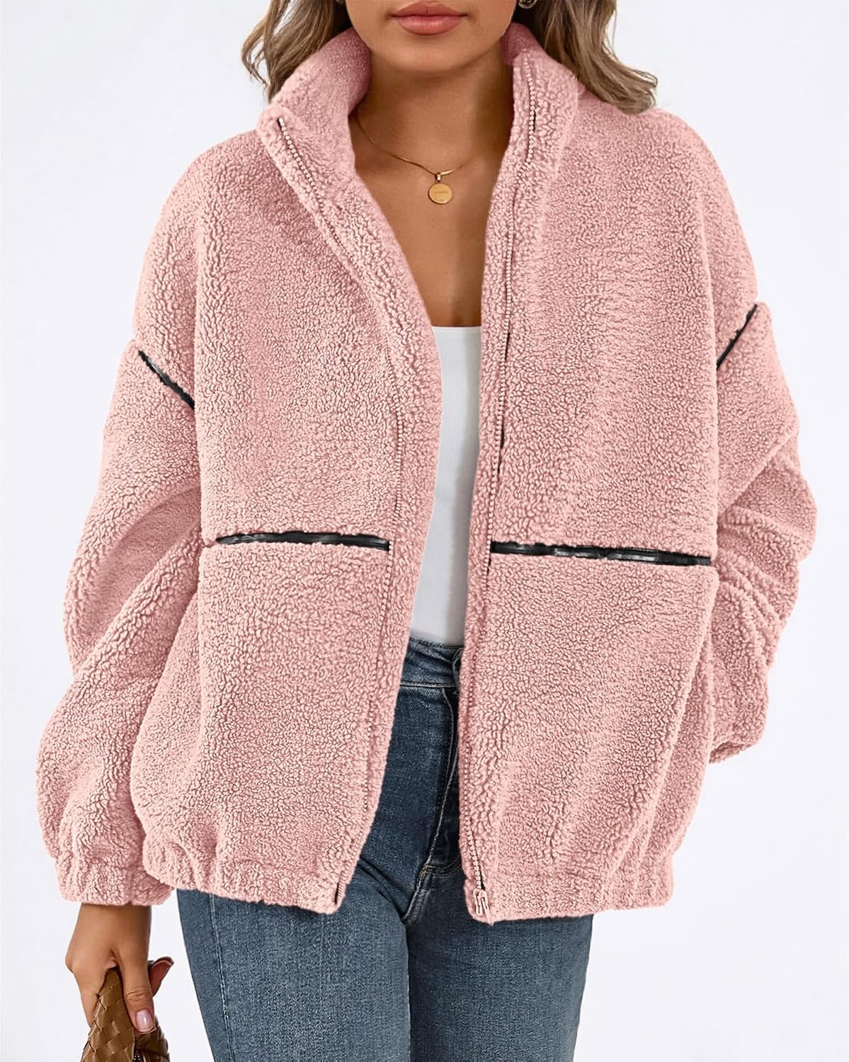 image:imageKIRUNDO Sherpa Jacket Women Fleece Zip Up Winter Coats Oversized Fall Teddy Jackets Long Sleeve Color Block Loose Fit With Pockets Faux Fur Warm Outwear 2026 Fashion ClothingPink