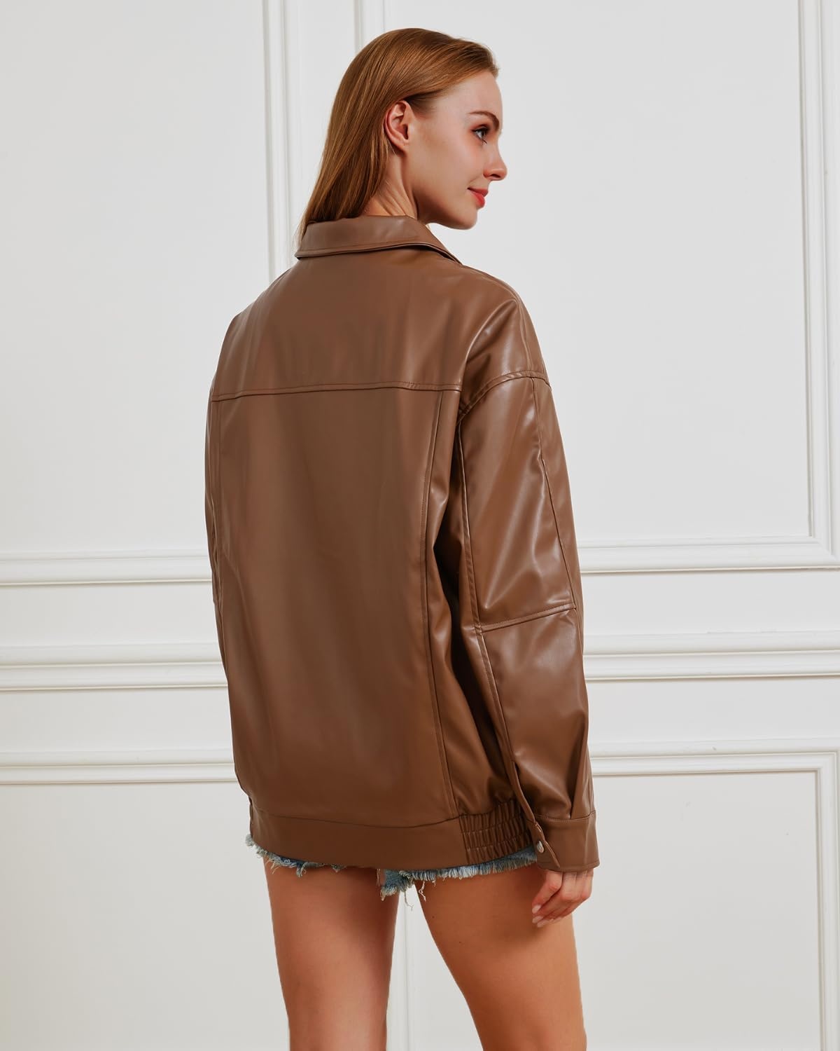 image:imageLeather Jacket Women Oversized Faux Jacket Fall Fashion Motorcycle Coat 2026 Outfits Clothes Y2k TopsBrown