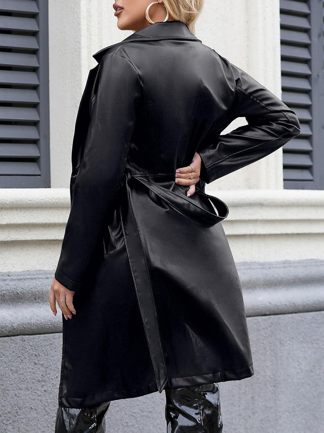 image:imageLeather Jacket Women Trench Coat Long Loose Button Jacket Open Front Motorcycle Coat with BeltBlack 021