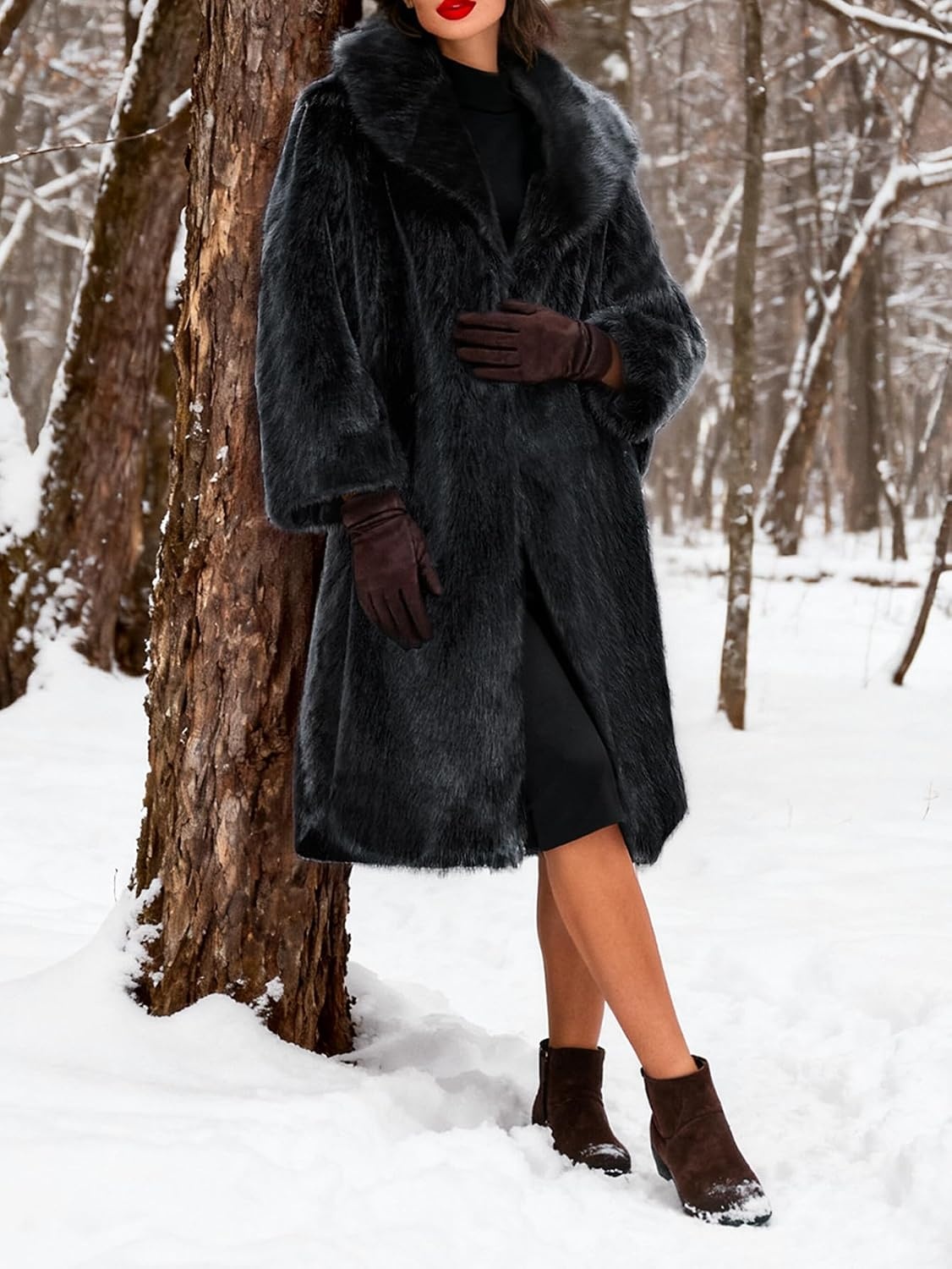 image:imageLeather Jacket Women Trench Coat Long Loose Button Jacket Open Front Motorcycle Coat with BeltFur Black