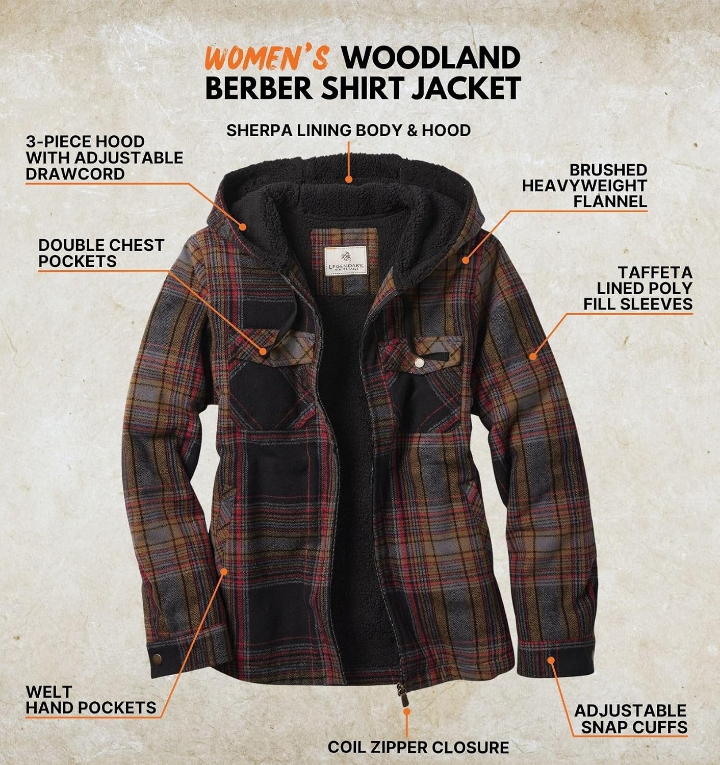 image:imageLegendary Whitetails Womens Hooded Shacket Berber Lined Shirt JacketLicorice Root Plaid