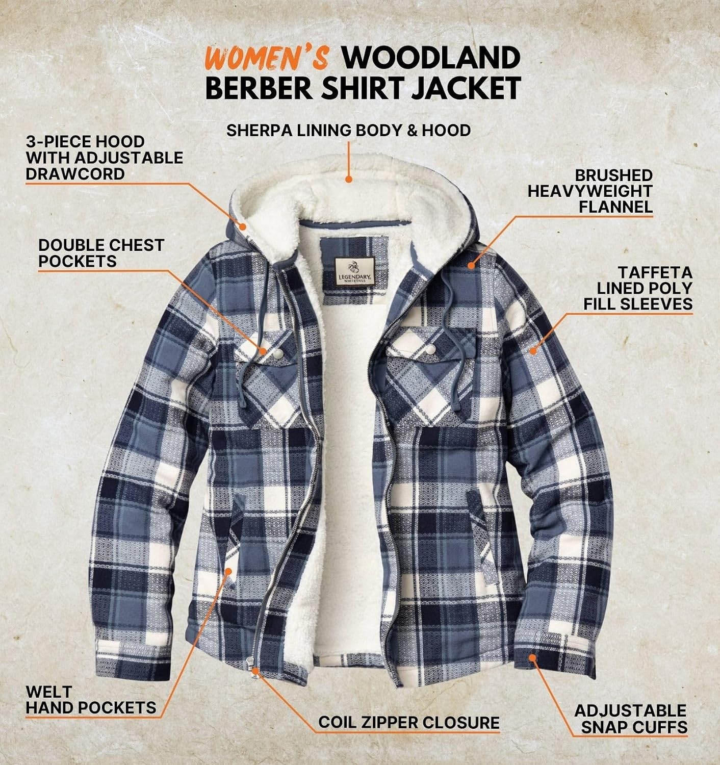 image:imageLegendary Whitetails Womens Hooded Shacket Berber Lined Shirt JacketMidnight Moon Plaid