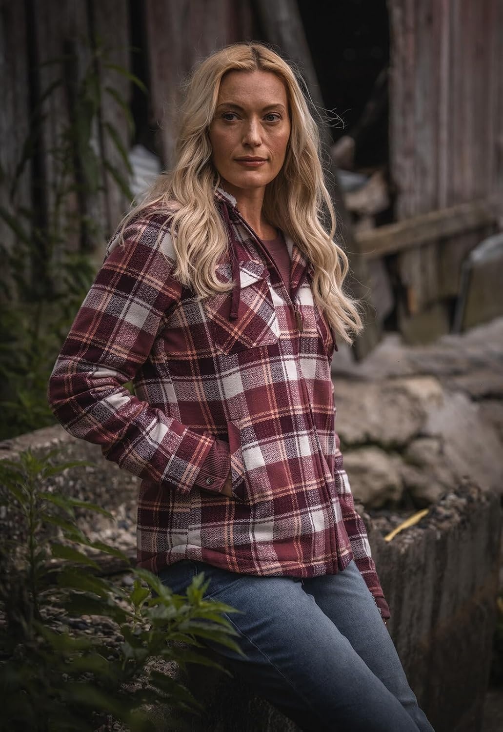 image:imageLegendary Whitetails Womens Hooded Shacket Berber Lined Shirt JacketMountain Sunset Plaid