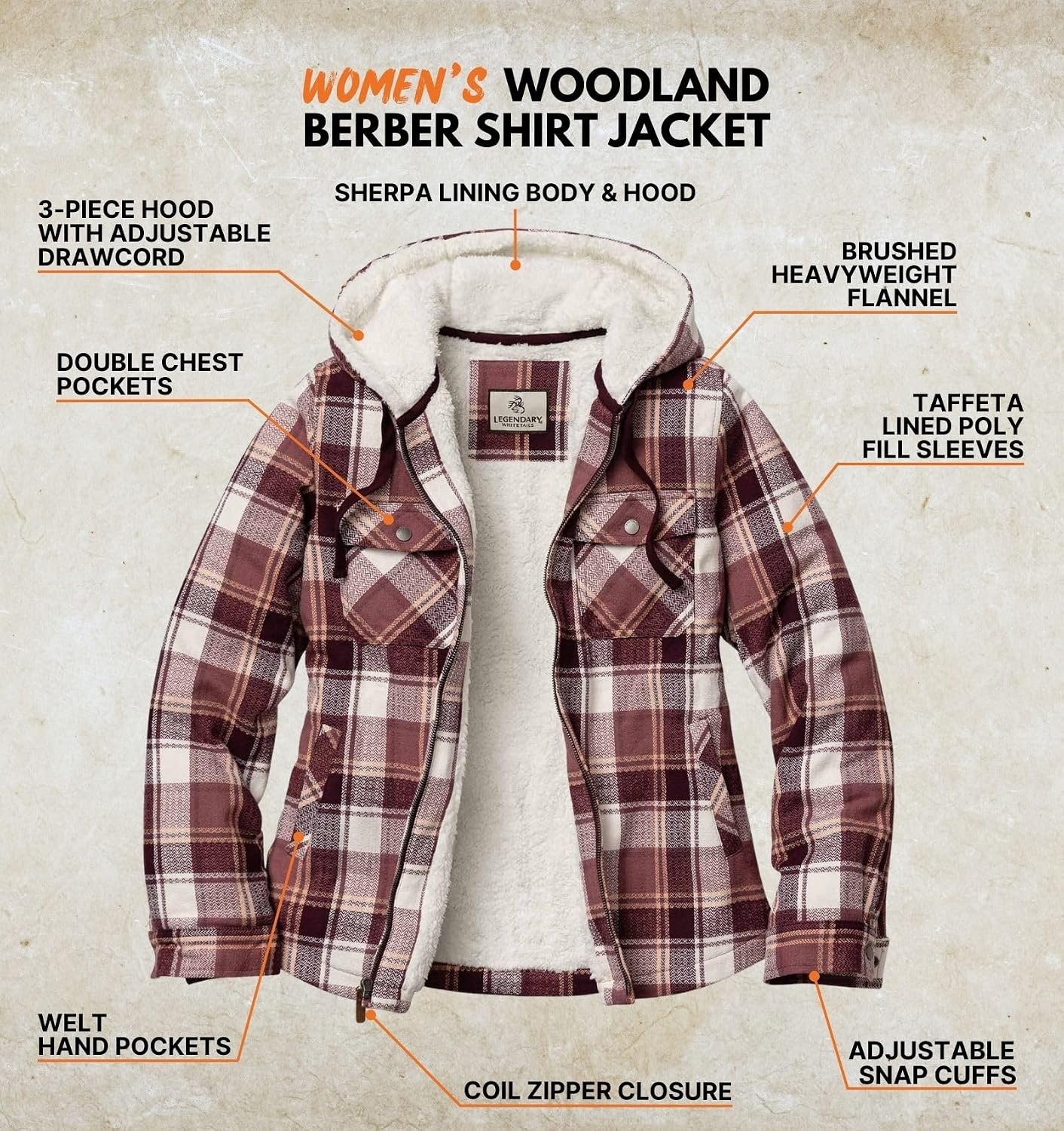 image:imageLegendary Whitetails Womens Hooded Shacket Berber Lined Shirt JacketMountain Sunset Plaid