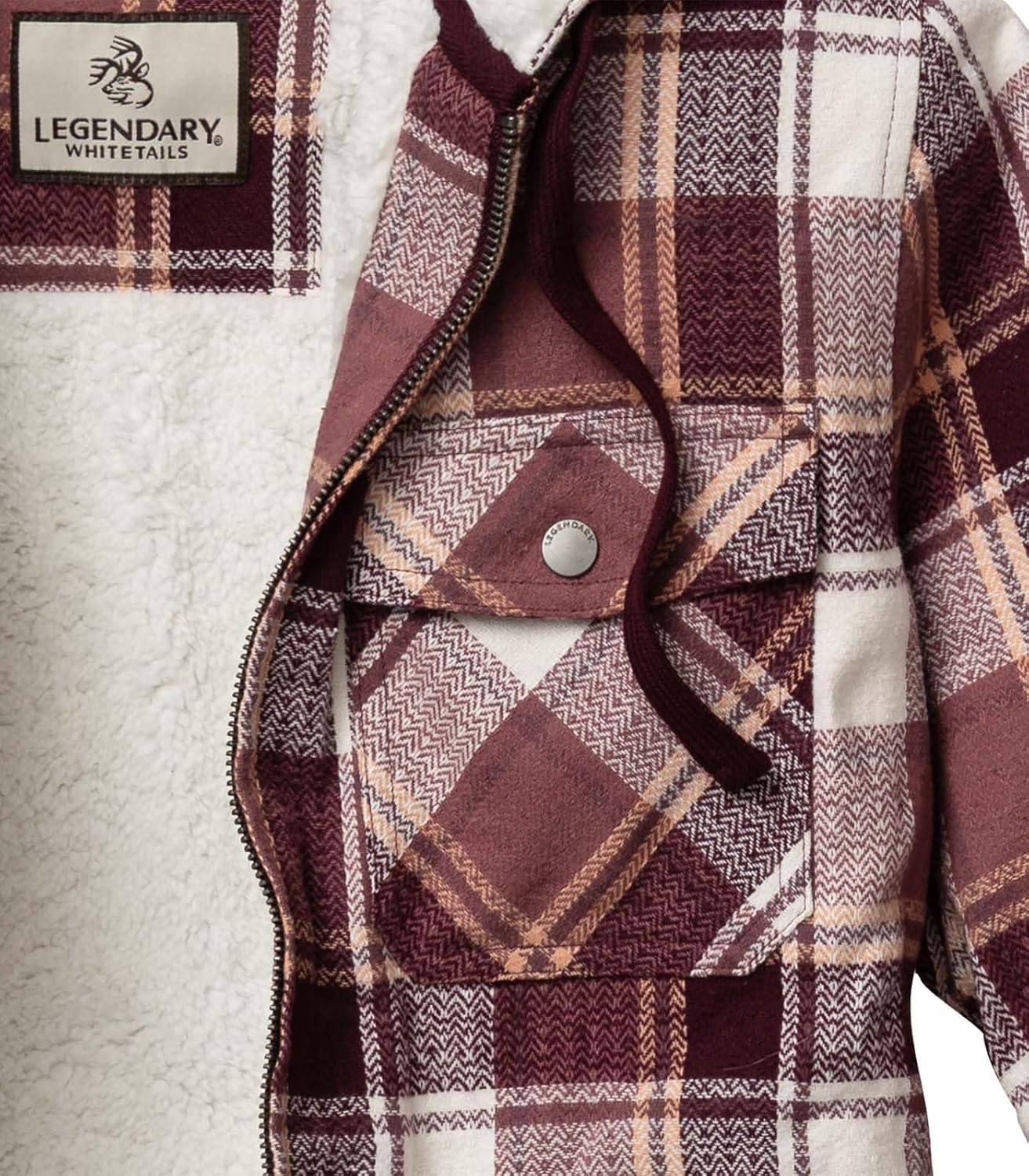 image:imageLegendary Whitetails Womens Hooded Shacket Berber Lined Shirt JacketMountain Sunset Plaid