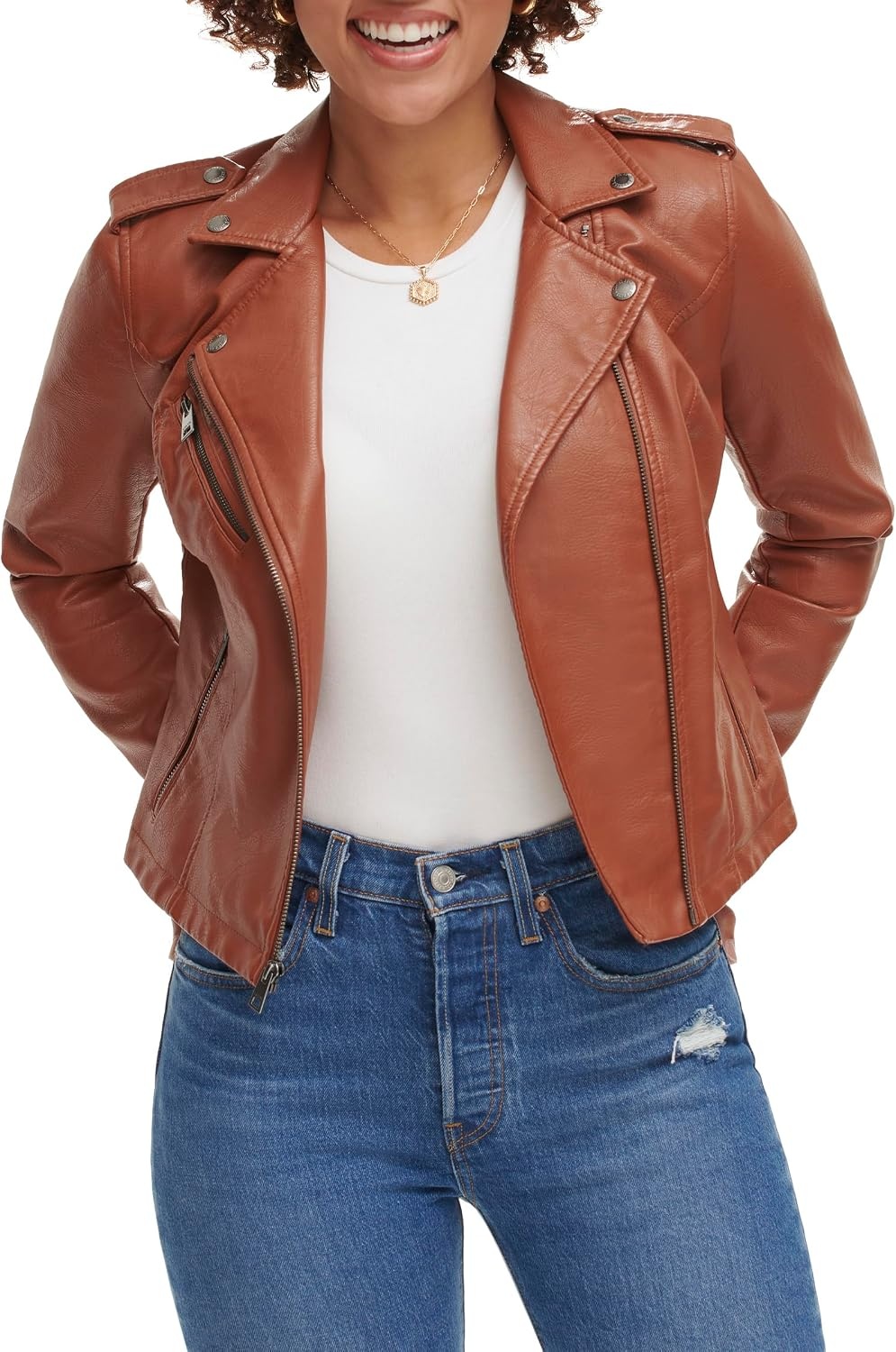 image:imageLevis Womens The Classic Faux Leather Moto Jacket Regular amp Plus SizeCamel Brown
