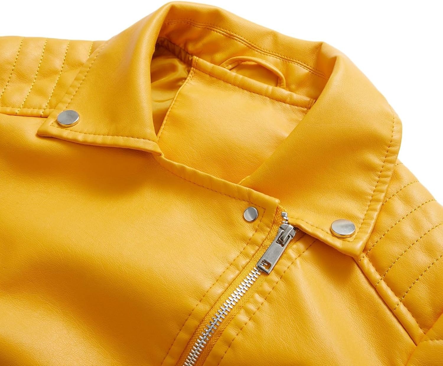image:imageLus Chic Womens Long Sleeve Faux Leather Jacket Motorcycle Winter PU Coat Biker Moto V Neck Short SnowYellow