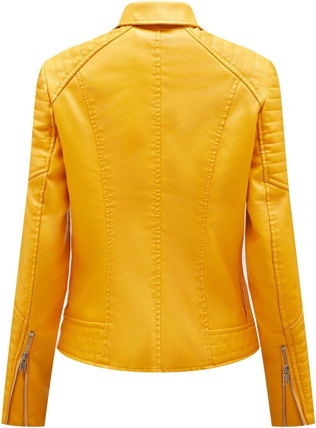 image:imageLus Chic Womens Long Sleeve Faux Leather Jacket Motorcycle Winter PU Coat Biker Moto V Neck Short SnowYellow