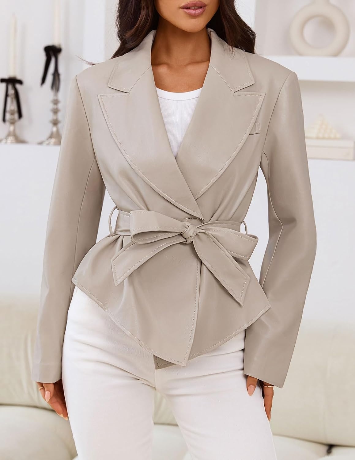image:imageMEROKEETY Womens Fall Fashion 2025 Leather Jacket Casual Belt Button Down Blazer Trendy Coat OuterwearApricot