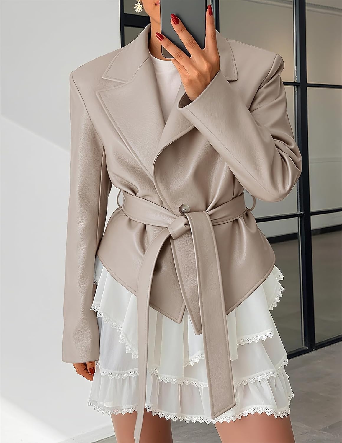image:imageMEROKEETY Womens Fall Fashion 2025 Leather Jacket Casual Belt Button Down Blazer Trendy Coat OuterwearApricot