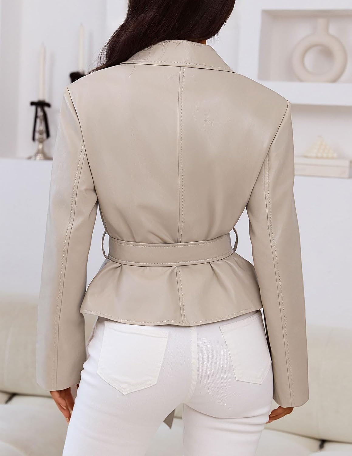 image:imageMEROKEETY Womens Fall Fashion 2025 Leather Jacket Casual Belt Button Down Blazer Trendy Coat OuterwearApricot