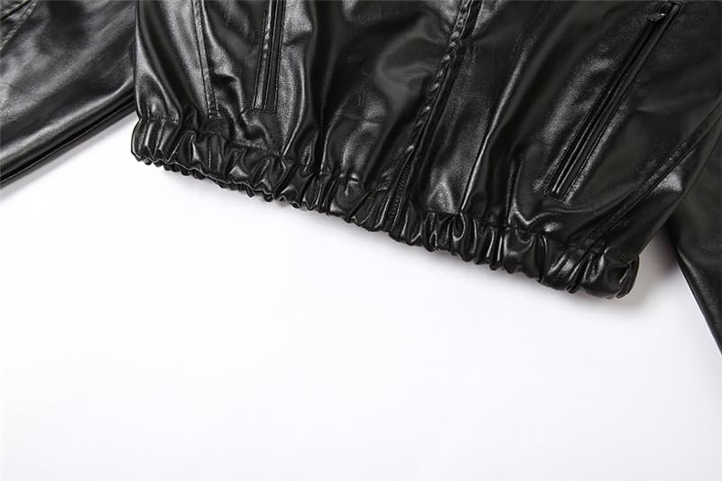 image:imageMandonce Leather Jacket Women Zip up Hoodies Motorcycle Bomber Jacket Streetwear Cropped Trench Coat for WomenBlack