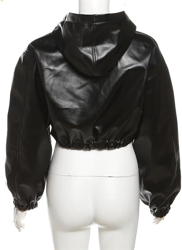 image:imageMandonce Leather Jacket Women Zip up Hoodies Motorcycle Bomber Jacket Streetwear Cropped Trench Coat for WomenBlack