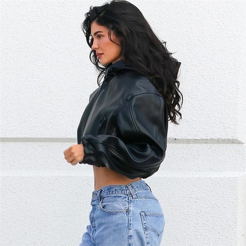 image:imageMandonce Leather Jacket Women Zip up Hoodies Motorcycle Bomber Jacket Streetwear Cropped Trench Coat for WomenBlack