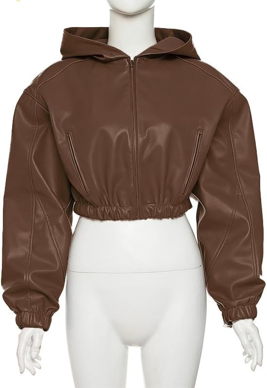 image:imageMandonce Leather Jacket Women Zip up Hoodies Motorcycle Bomber Jacket Streetwear Cropped Trench Coat for WomenBrown