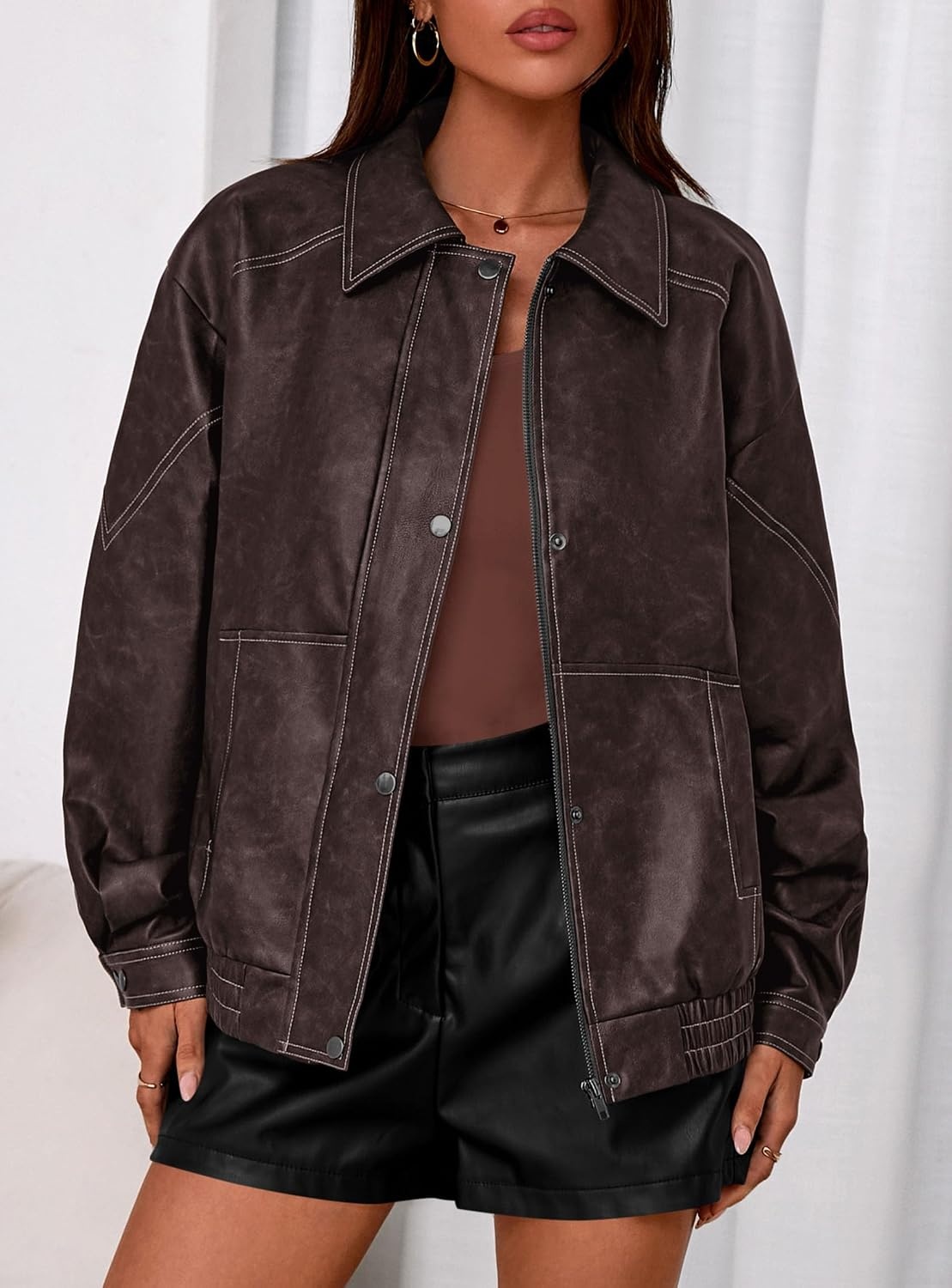 image:imagePRETTYGARDEN Leather Jacket Women Faux Oversized Coat Motorcycle Bomber Fall Jackets Trendy Fashion Going Out Outfits Travel Winter Clothes Zip Up OuterwearDark Brown