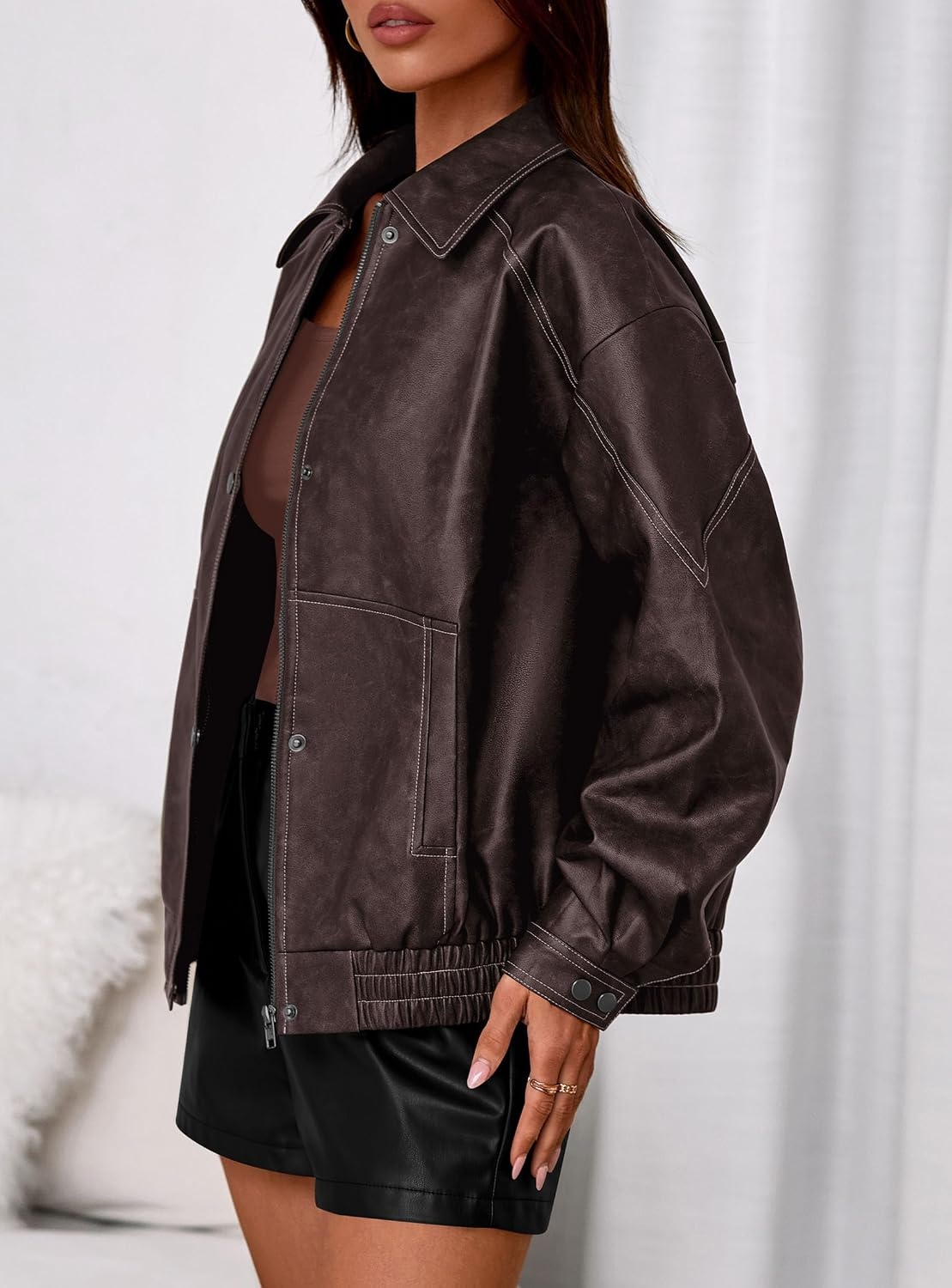 image:imagePRETTYGARDEN Leather Jacket Women Faux Oversized Coat Motorcycle Bomber Fall Jackets Trendy Fashion Going Out Outfits Travel Winter Clothes Zip Up OuterwearDark Brown