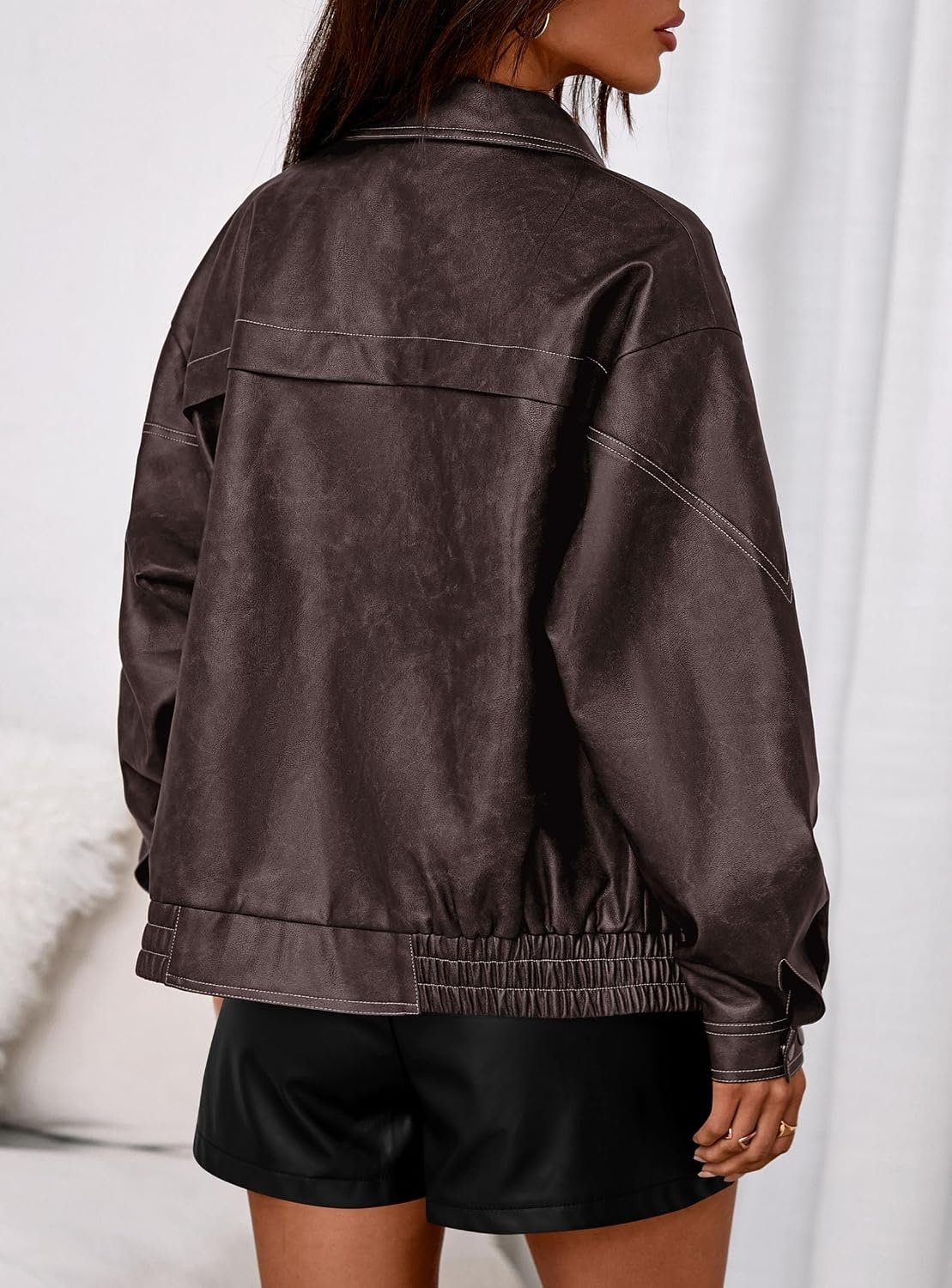 image:imagePRETTYGARDEN Leather Jacket Women Faux Oversized Coat Motorcycle Bomber Fall Jackets Trendy Fashion Going Out Outfits Travel Winter Clothes Zip Up OuterwearDark Brown