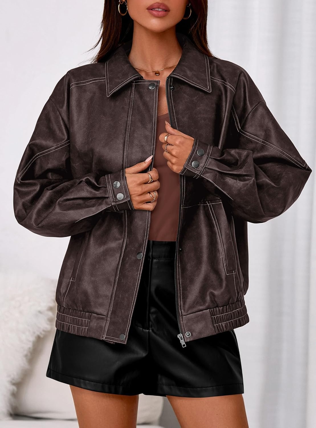 image:imagePRETTYGARDEN Leather Jacket Women Faux Oversized Coat Motorcycle Bomber Fall Jackets Trendy Fashion Going Out Outfits Travel Winter Clothes Zip Up OuterwearDark Brown