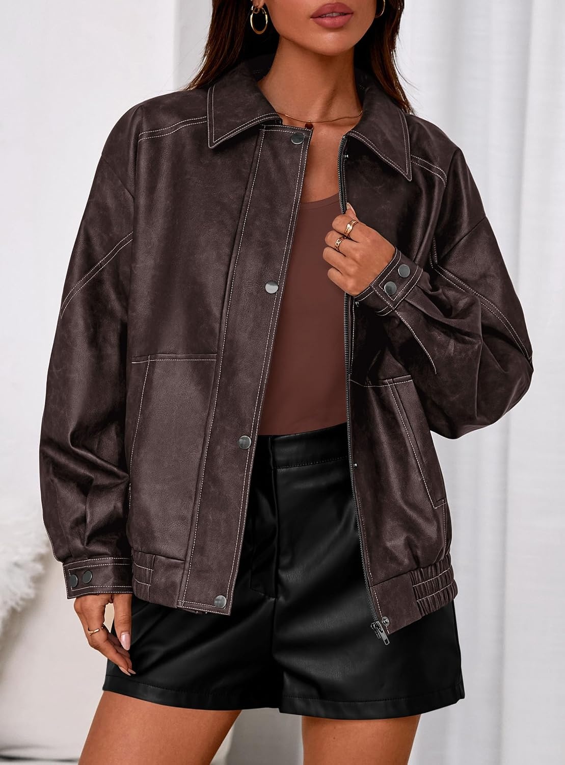 image:imagePRETTYGARDEN Leather Jacket Women Faux Oversized Coat Motorcycle Bomber Fall Jackets Trendy Fashion Going Out Outfits Travel Winter Clothes Zip Up OuterwearDark Brown
