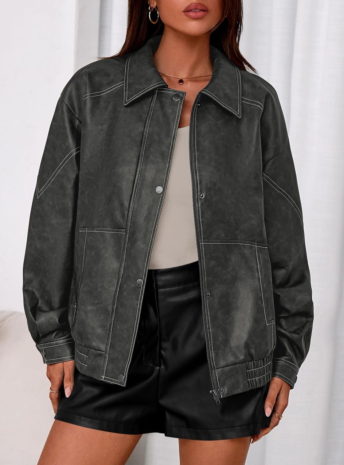 image:imagePRETTYGARDEN Leather Jacket Women Faux Oversized Coat Motorcycle Bomber Fall Jackets Trendy Fashion Going Out Outfits Travel Winter Clothes Zip Up OuterwearGrey