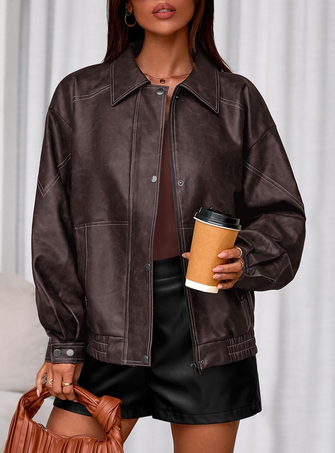 image:imagePRETTYGARDEN Leather Jacket Women Faux Oversized Coat Motorcycle Bomber Fall Jackets Trendy Fashion Going Out Outfits Travel Winter Clothes Zip Up OuterwearDark Brown
