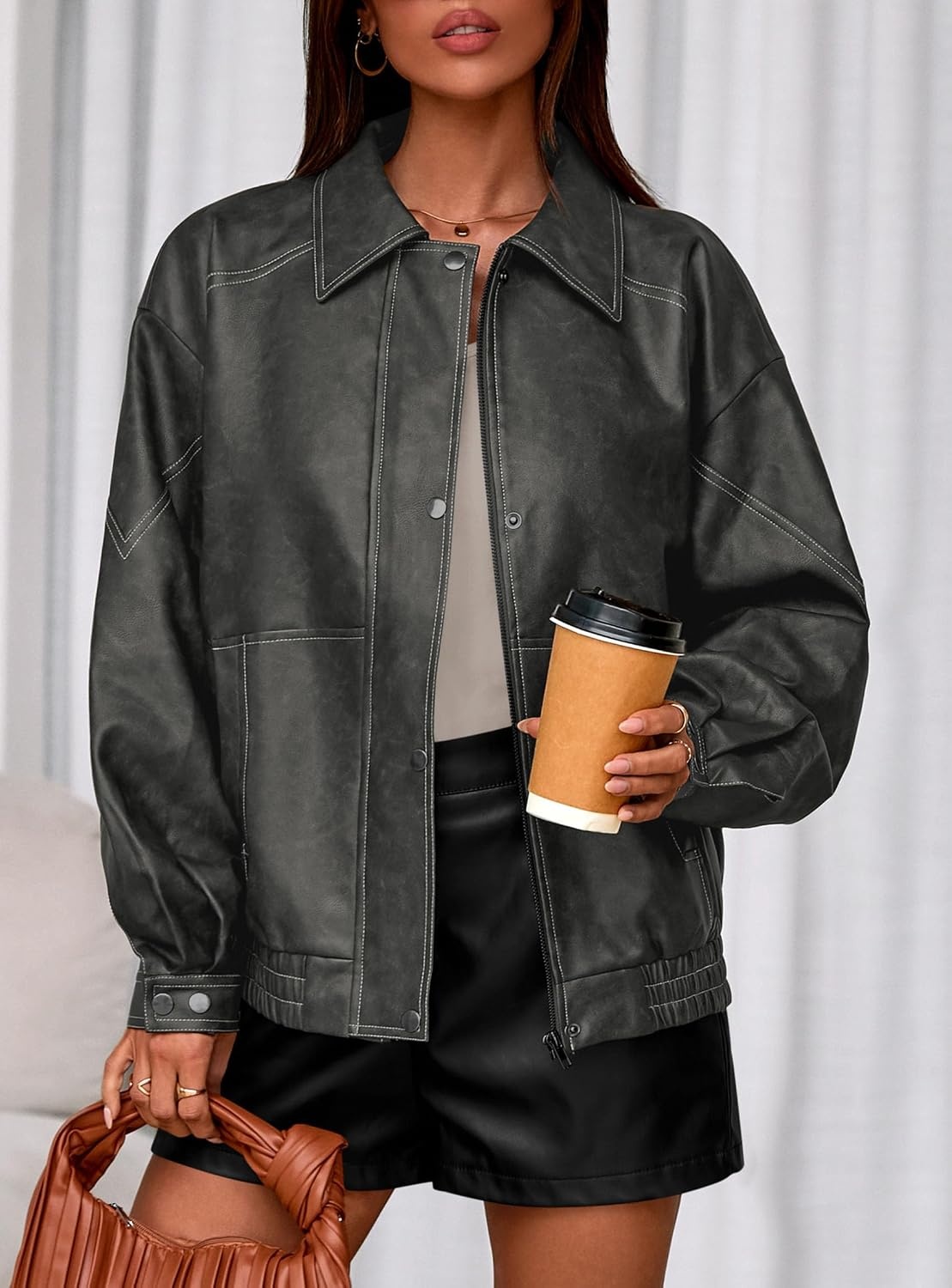 image:imagePRETTYGARDEN Leather Jacket Women Faux Oversized Coat Motorcycle Bomber Fall Jackets Trendy Fashion Going Out Outfits Travel Winter Clothes Zip Up OuterwearGrey