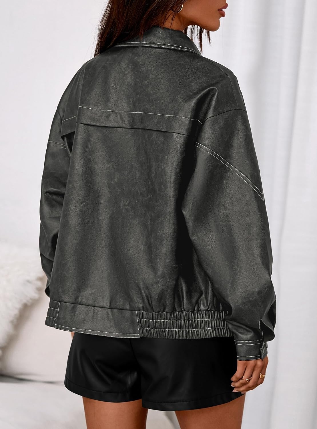 image:imagePRETTYGARDEN Leather Jacket Women Faux Oversized Coat Motorcycle Bomber Fall Jackets Trendy Fashion Going Out Outfits Travel Winter Clothes Zip Up OuterwearGrey