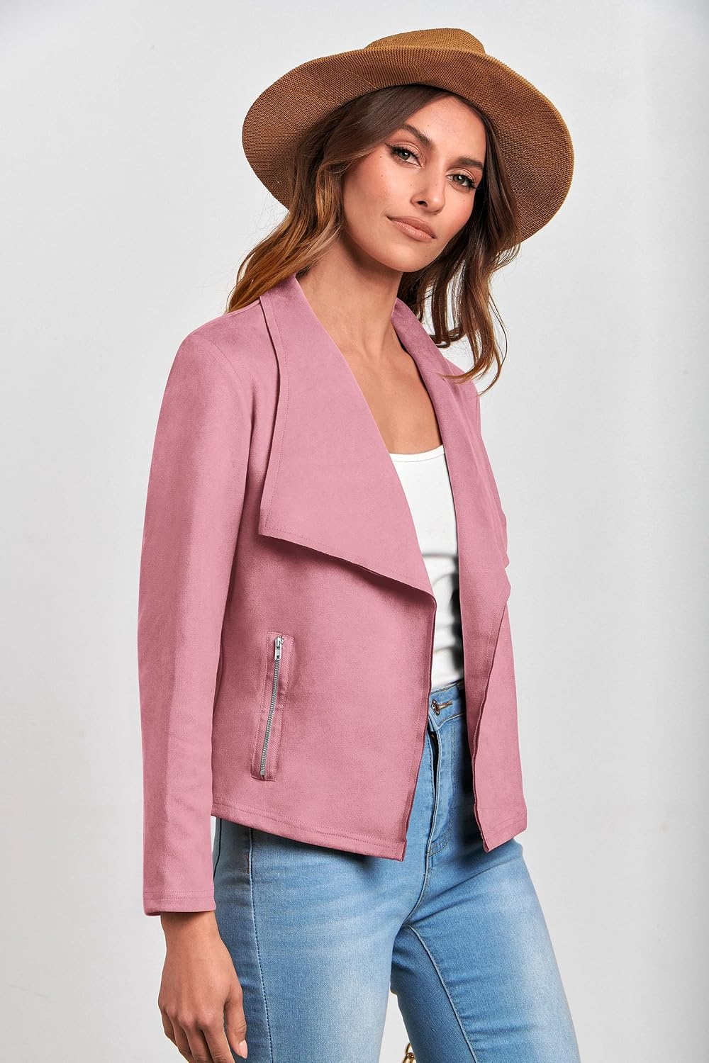 image:imagePRETTYGARDEN Womens Fall Fashion Faux Suede Jackets Long Sleeve Waterfall Collar Open Front Cropped Dressy Casual Jacket with Pockets Trendy Winter Clothes Going Out OutfitsPink
