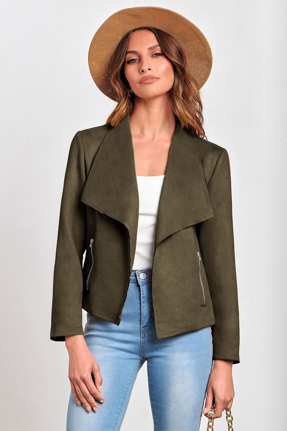 image:imagePRETTYGARDEN Womens Fall Fashion Faux Suede Jackets Long Sleeve Waterfall Collar Open Front Cropped Dressy Casual Jacket with Pockets Trendy Winter Clothes Going Out OutfitsArmy Green