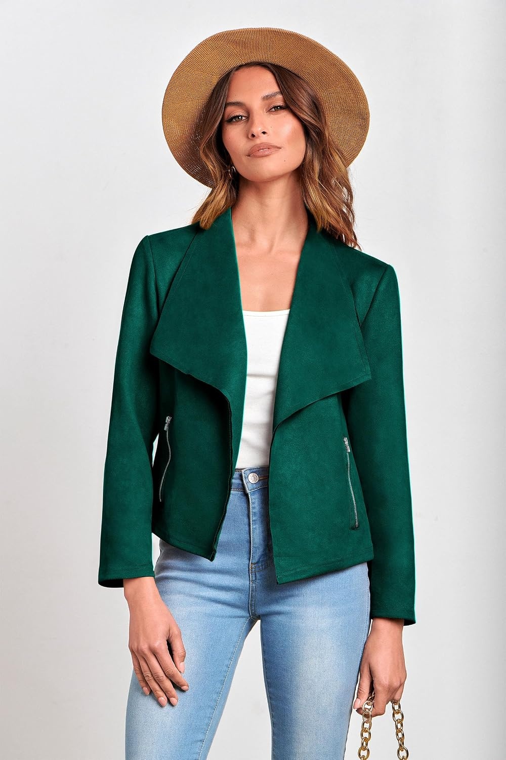 image:imagePRETTYGARDEN Womens Fall Fashion Faux Suede Jackets Long Sleeve Waterfall Collar Open Front Cropped Dressy Casual Jacket with Pockets Trendy Winter Clothes Going Out OutfitsDark Green