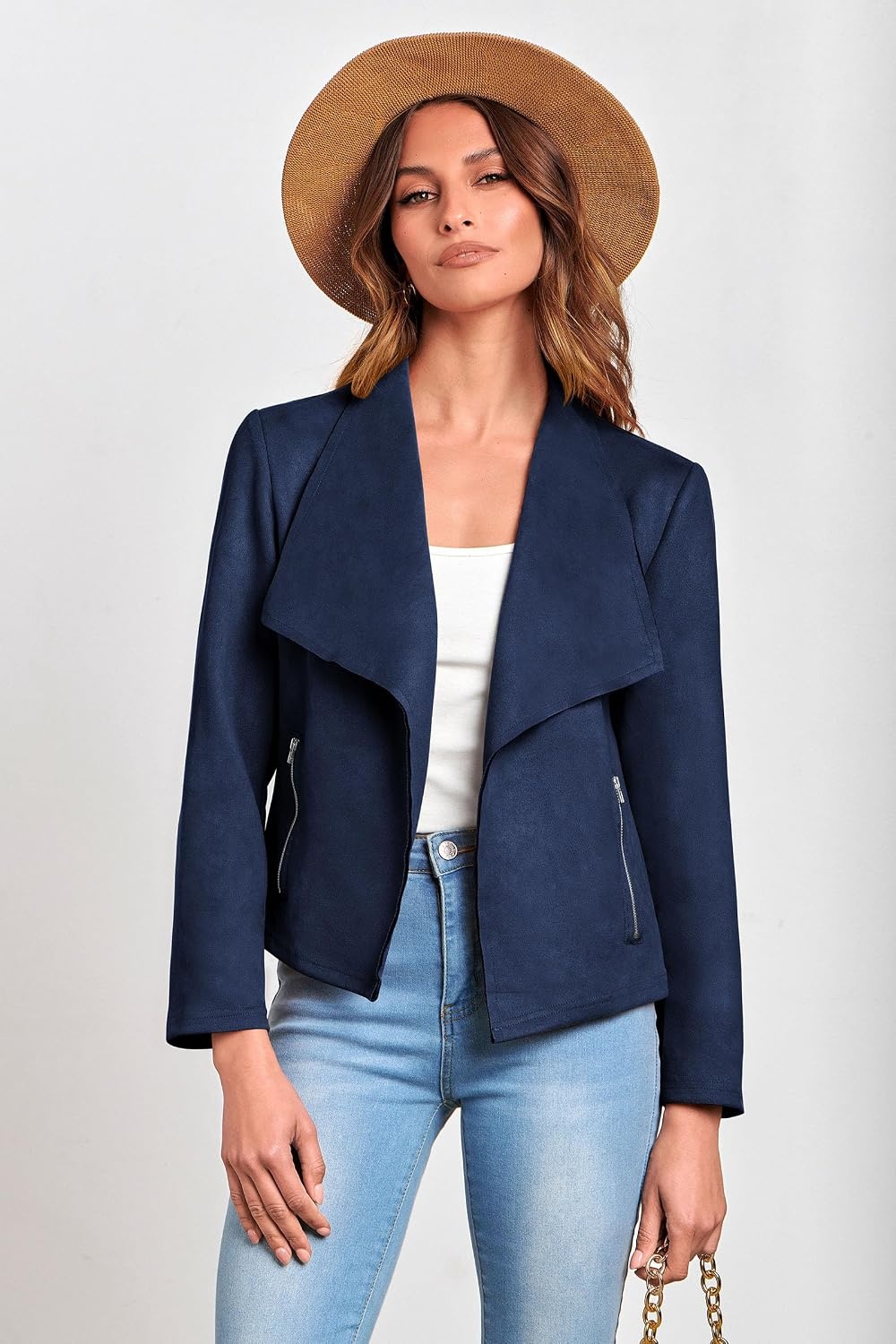 image:imagePRETTYGARDEN Womens Fall Fashion Faux Suede Jackets Long Sleeve Waterfall Collar Open Front Cropped Dressy Casual Jacket with Pockets Trendy Winter Clothes Going Out OutfitsNavy