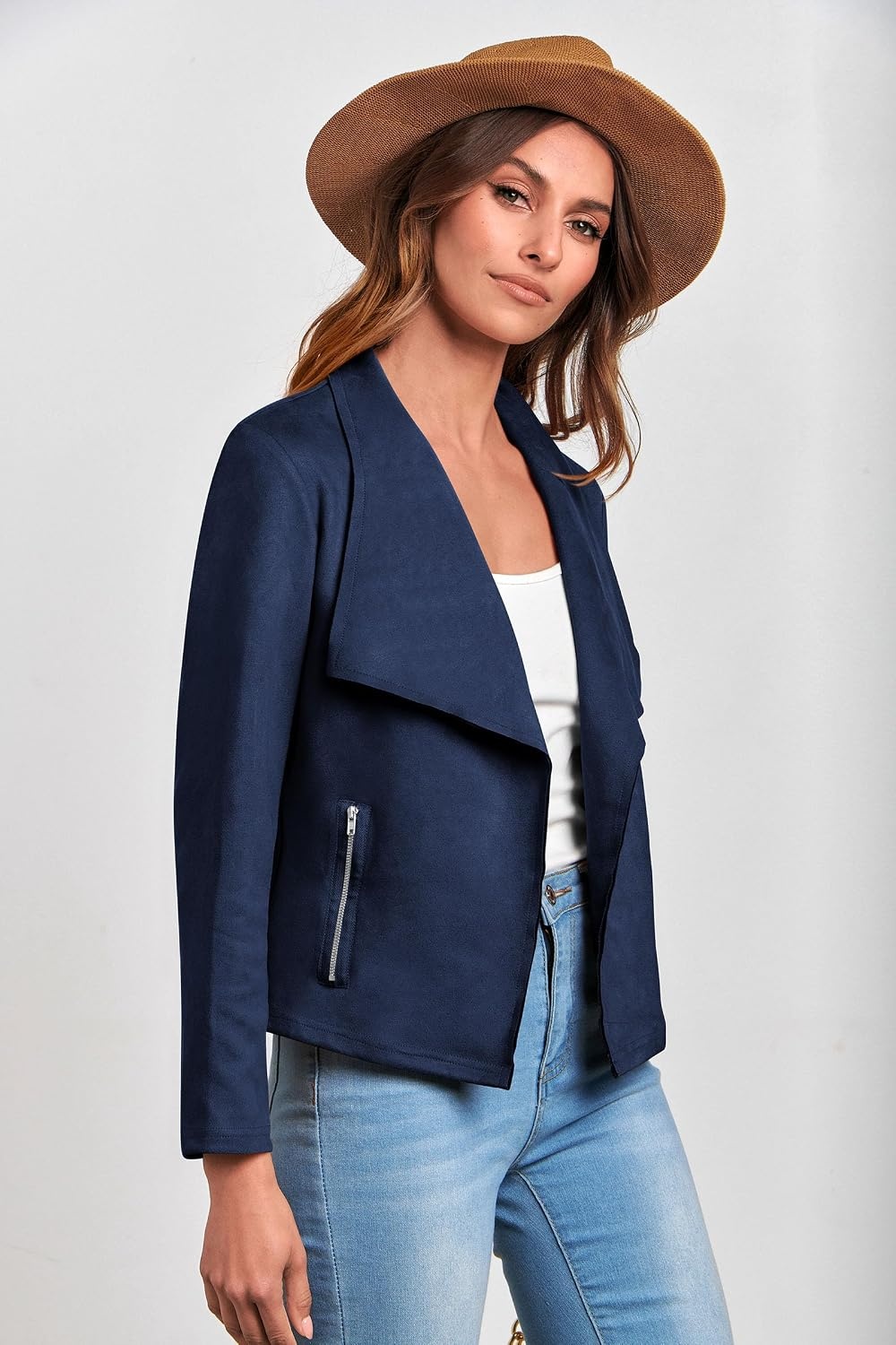 image:imagePRETTYGARDEN Womens Fall Fashion Faux Suede Jackets Long Sleeve Waterfall Collar Open Front Cropped Dressy Casual Jacket with Pockets Trendy Winter Clothes Going Out OutfitsNavy