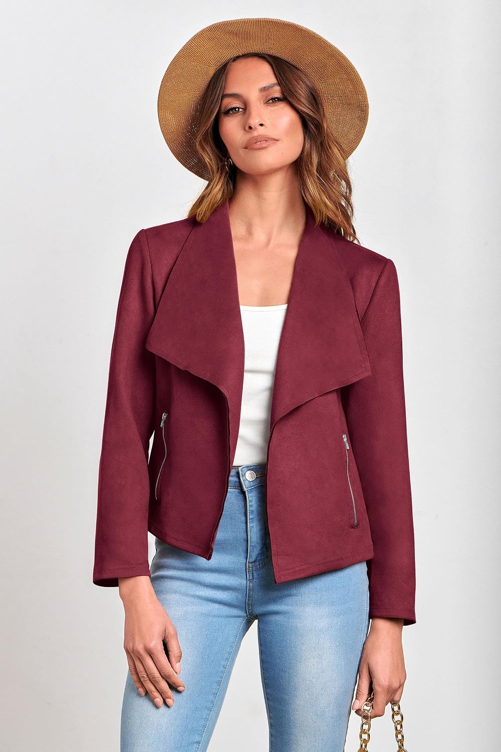 image:imagePRETTYGARDEN Womens Fall Fashion Faux Suede Jackets Long Sleeve Waterfall Collar Open Front Cropped Dressy Casual Jacket with Pockets Trendy Winter Clothes Going Out OutfitsWine Red