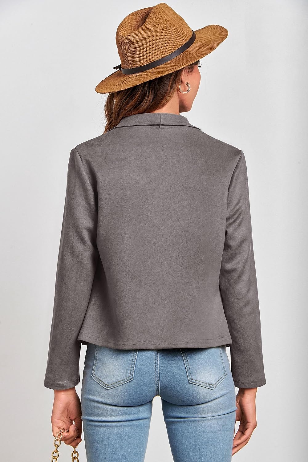 image:imagePRETTYGARDEN Womens Fall Fashion Faux Suede Jackets Long Sleeve Waterfall Collar Open Front Cropped Dressy Casual Jacket with Pockets Trendy Winter Clothes Going Out OutfitsGrey
