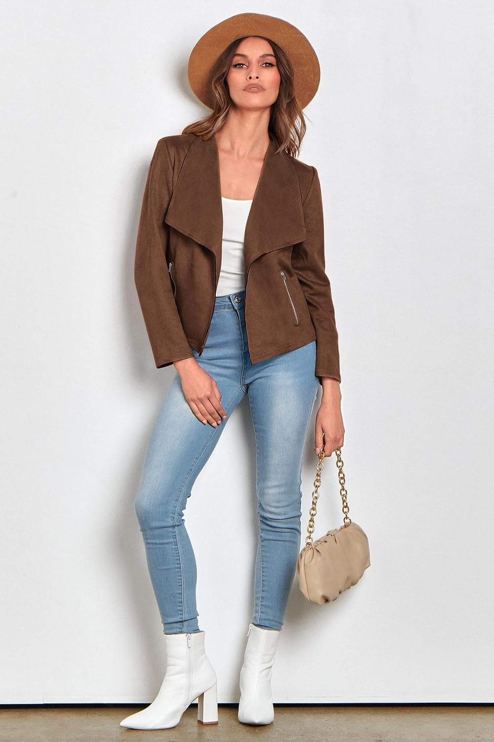 image:imagePRETTYGARDEN Womens Fall Fashion Faux Suede Jackets Long Sleeve Waterfall Collar Open Front Cropped Dressy Casual Jacket with Pockets Trendy Winter Clothes Going Out OutfitsCoffee
