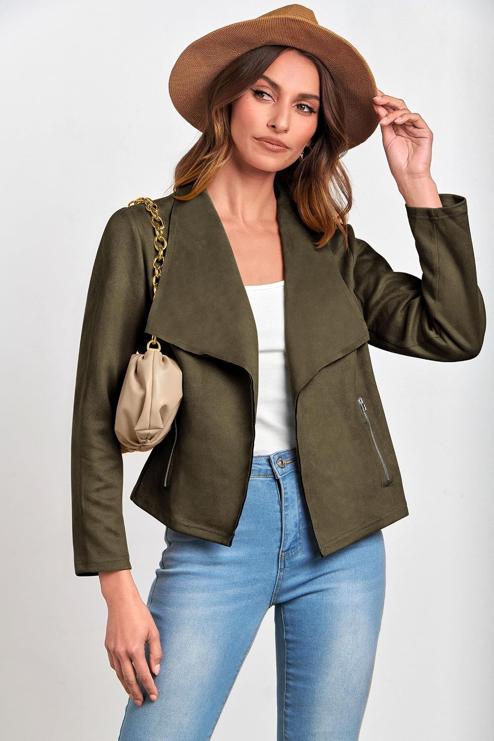 image:imagePRETTYGARDEN Womens Fall Fashion Faux Suede Jackets Long Sleeve Waterfall Collar Open Front Cropped Dressy Casual Jacket with Pockets Trendy Winter Clothes Going Out OutfitsArmy Green