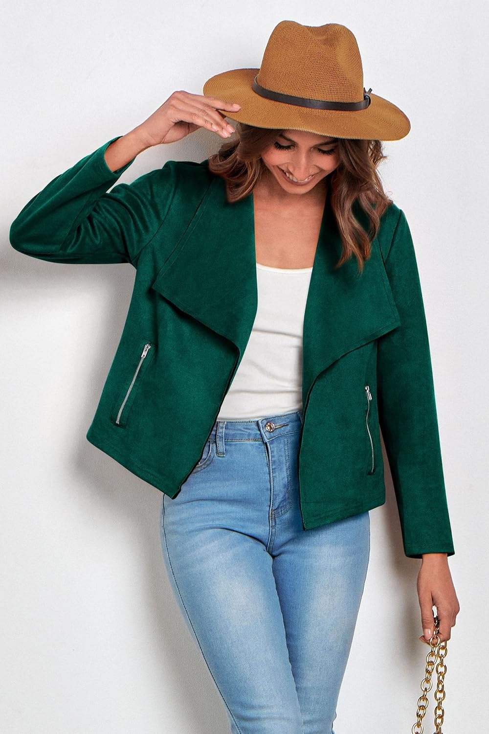 image:imagePRETTYGARDEN Womens Fall Fashion Faux Suede Jackets Long Sleeve Waterfall Collar Open Front Cropped Dressy Casual Jacket with Pockets Trendy Winter Clothes Going Out OutfitsDark Green