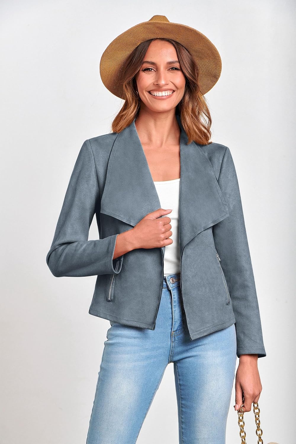 image:imagePRETTYGARDEN Womens Fall Fashion Faux Suede Jackets Long Sleeve Waterfall Collar Open Front Cropped Dressy Casual Jacket with Pockets Trendy Winter Clothes Going Out OutfitsGrey Blue