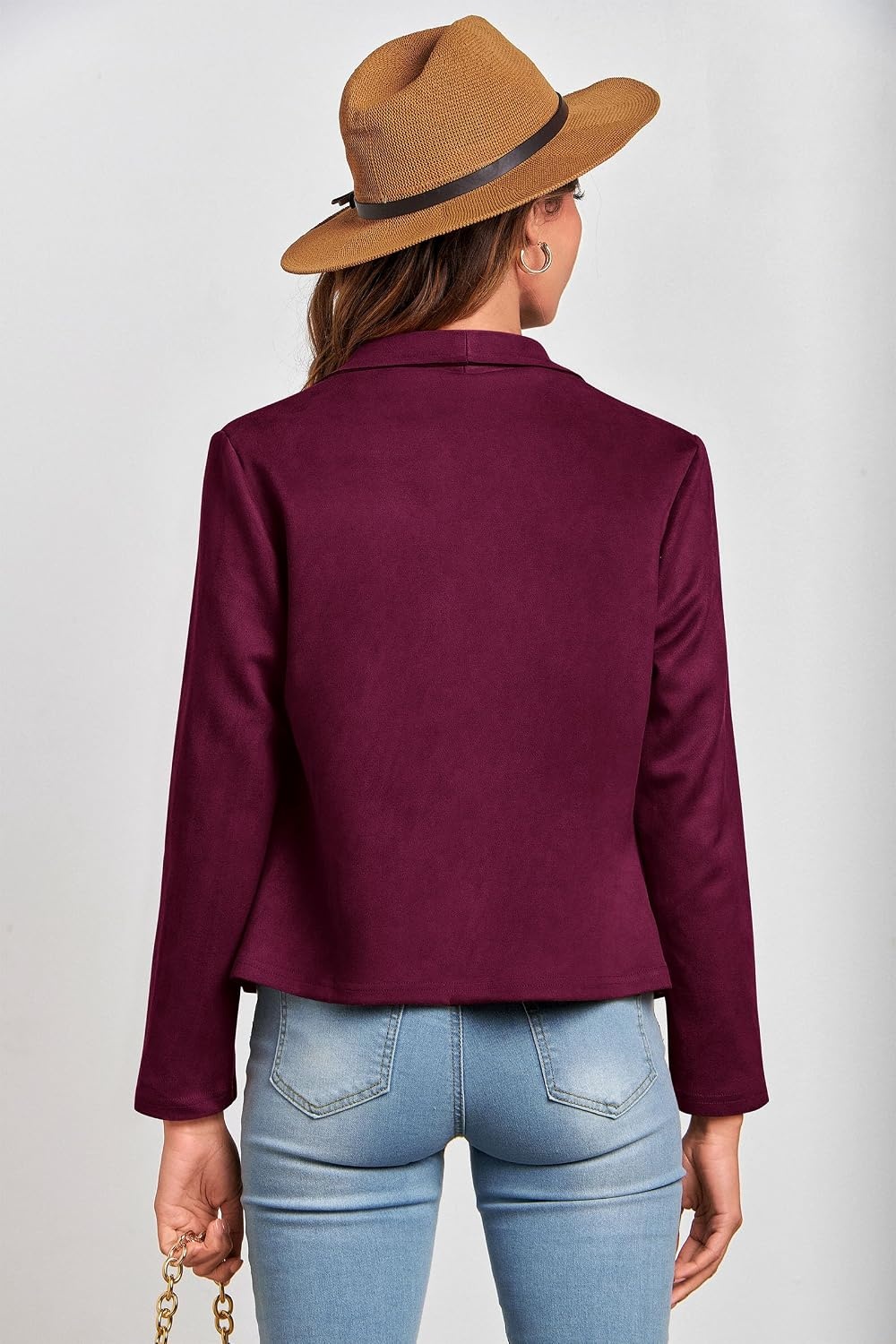 image:imagePRETTYGARDEN Womens Fall Fashion Faux Suede Jackets Long Sleeve Waterfall Collar Open Front Cropped Dressy Casual Jacket with Pockets Trendy Winter Clothes Going Out OutfitsPurple Red