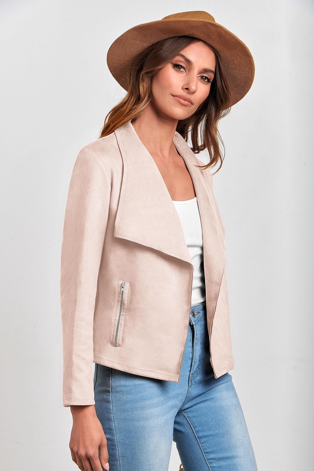 image:imagePRETTYGARDEN Womens Fall Fashion Faux Suede Jackets Long Sleeve Waterfall Collar Open Front Cropped Dressy Casual Jacket with Pockets Trendy Winter Clothes Going Out OutfitsBeige Apricot