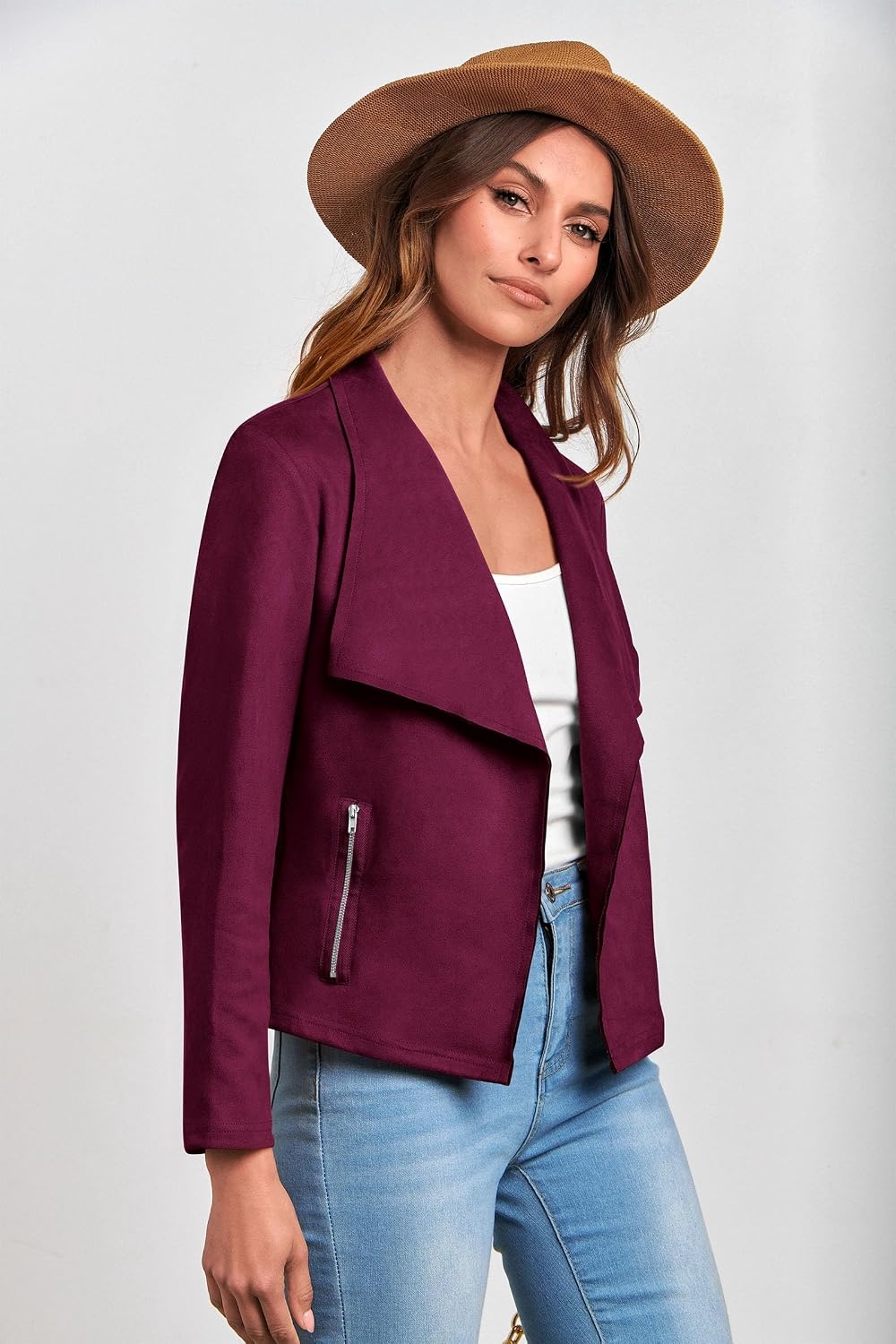 image:imagePRETTYGARDEN Womens Fall Fashion Faux Suede Jackets Long Sleeve Waterfall Collar Open Front Cropped Dressy Casual Jacket with Pockets Trendy Winter Clothes Going Out OutfitsPurple Red