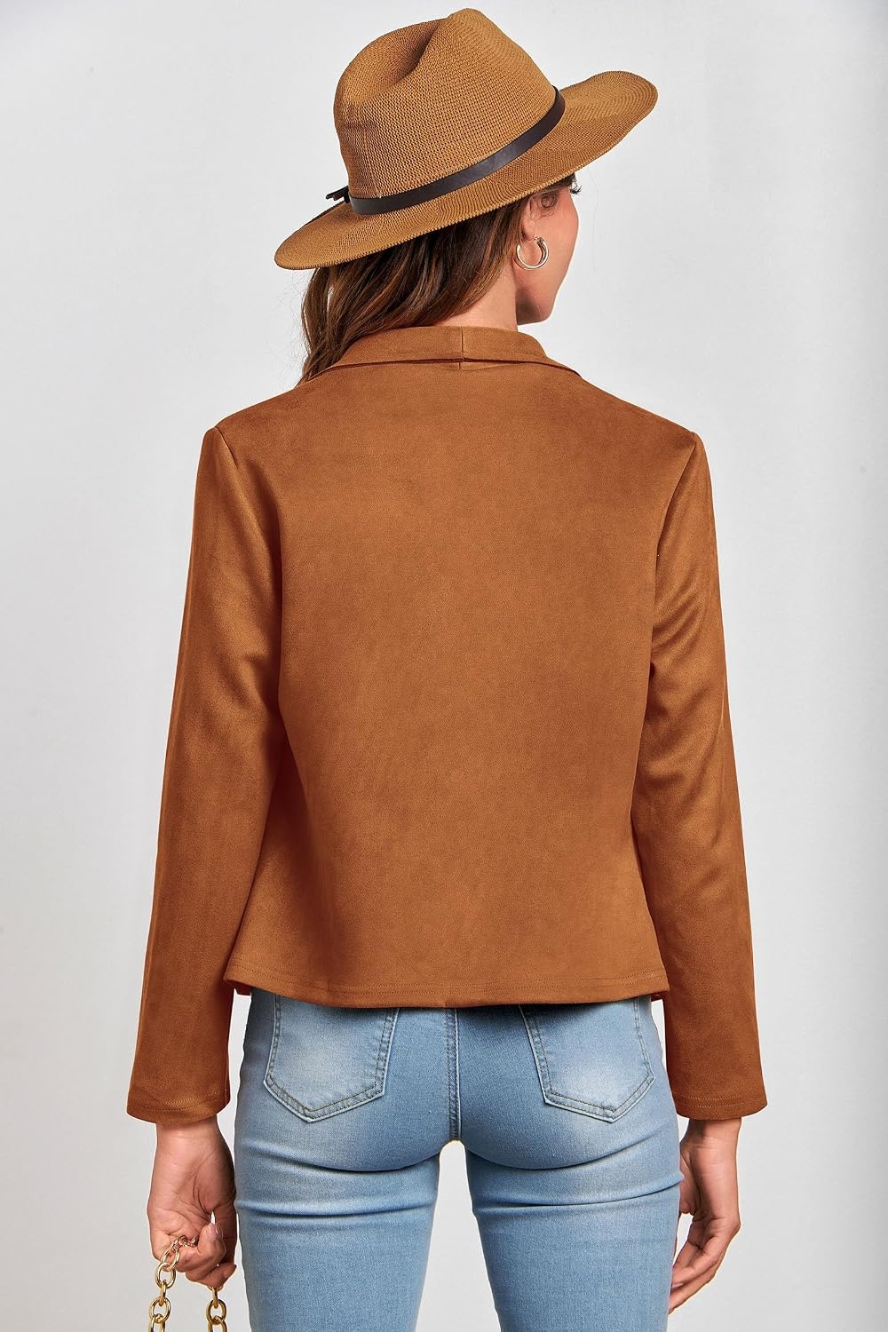image:imagePRETTYGARDEN Womens Fall Fashion Faux Suede Jackets Long Sleeve Waterfall Collar Open Front Cropped Dressy Casual Jacket with Pockets Trendy Winter Clothes Going Out OutfitsBrown