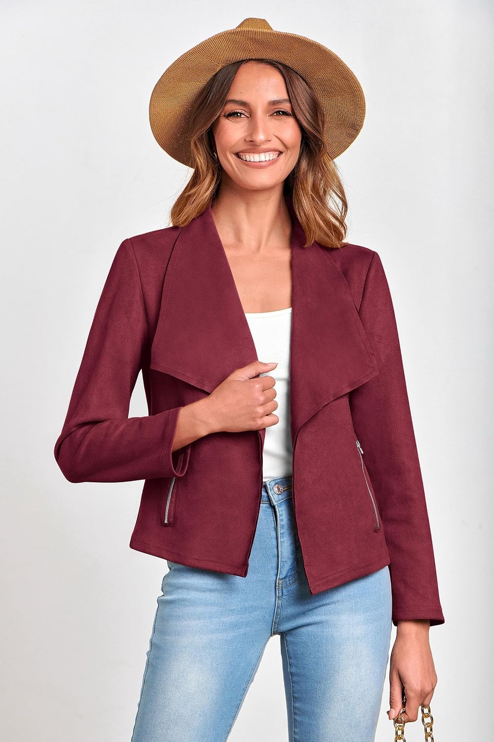 image:imagePRETTYGARDEN Womens Fall Fashion Faux Suede Jackets Long Sleeve Waterfall Collar Open Front Cropped Dressy Casual Jacket with Pockets Trendy Winter Clothes Going Out OutfitsWine Red