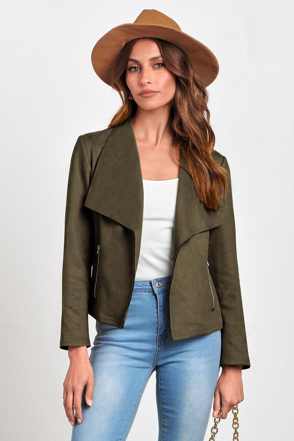image:imagePRETTYGARDEN Womens Fall Fashion Faux Suede Jackets Long Sleeve Waterfall Collar Open Front Cropped Dressy Casual Jacket with Pockets Trendy Winter Clothes Going Out OutfitsArmy Green