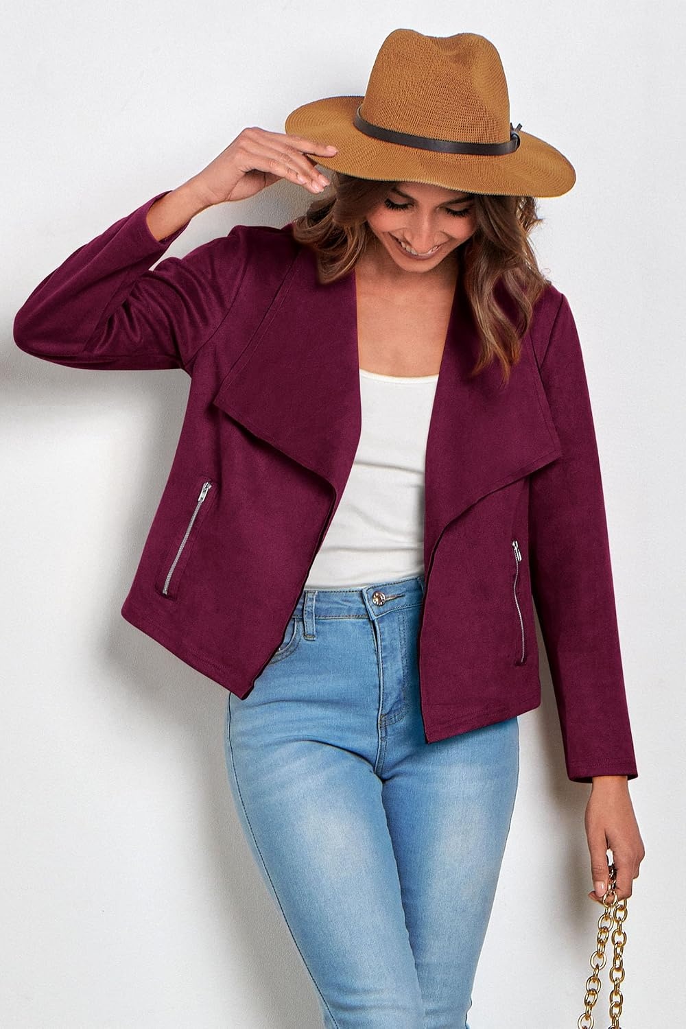image:imagePRETTYGARDEN Womens Fall Fashion Faux Suede Jackets Long Sleeve Waterfall Collar Open Front Cropped Dressy Casual Jacket with Pockets Trendy Winter Clothes Going Out OutfitsPurple Red