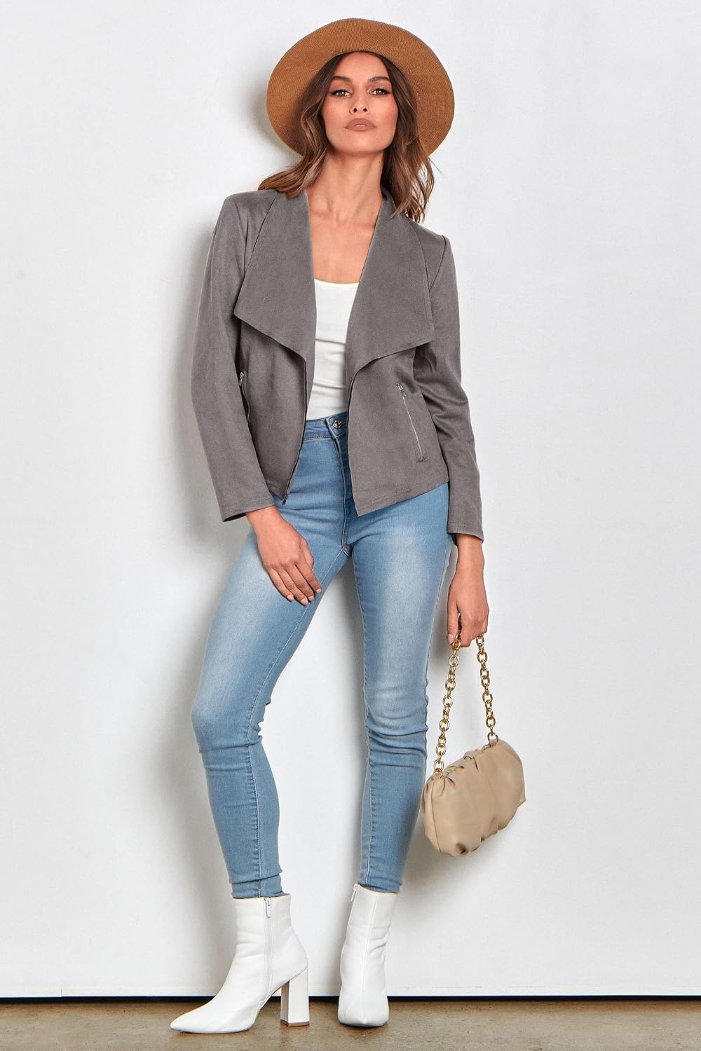 image:imagePRETTYGARDEN Womens Fall Fashion Faux Suede Jackets Long Sleeve Waterfall Collar Open Front Cropped Dressy Casual Jacket with Pockets Trendy Winter Clothes Going Out OutfitsGrey