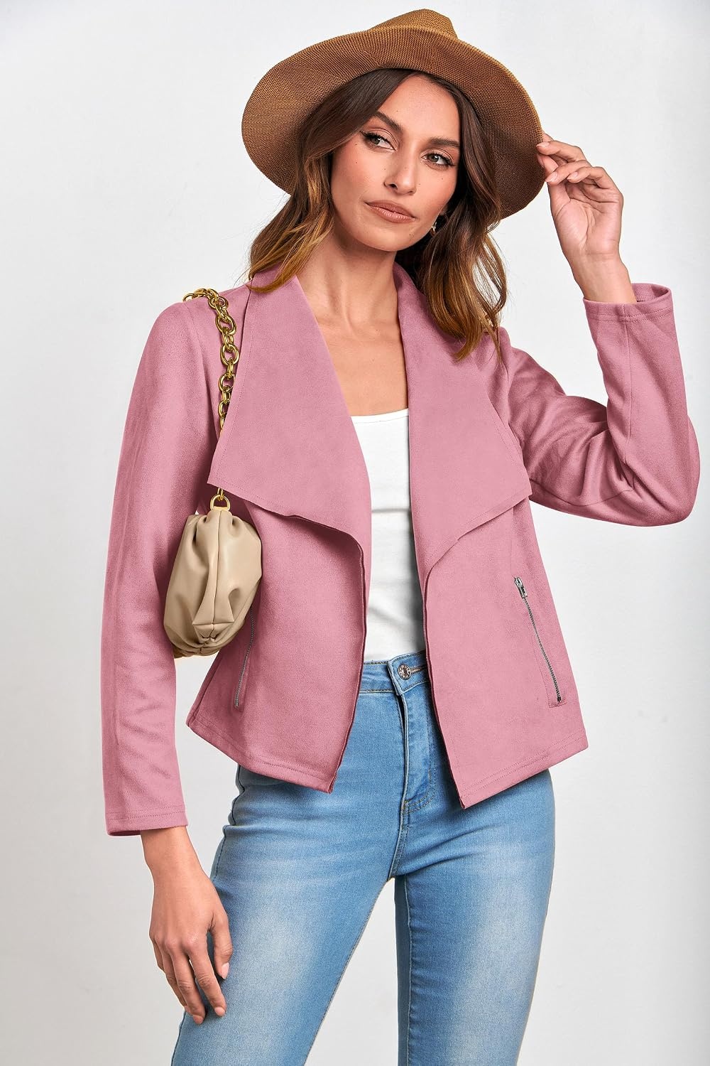 image:imagePRETTYGARDEN Womens Fall Fashion Faux Suede Jackets Long Sleeve Waterfall Collar Open Front Cropped Dressy Casual Jacket with Pockets Trendy Winter Clothes Going Out OutfitsPink